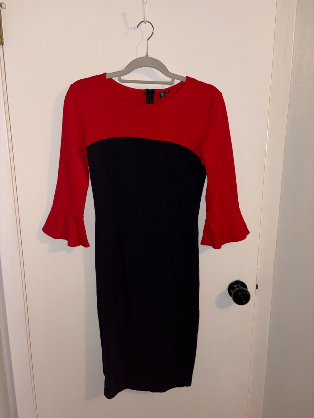 Colorblocked Red and Black Midi Dress with Ruffle Sleeves